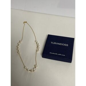 Turandoss Pearl Necklace Gold Tone Chain White Baroque Style Pearls w/ Box